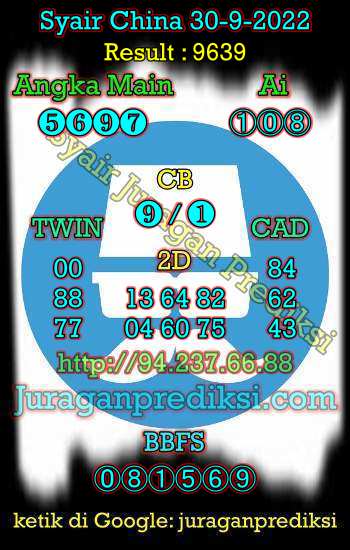 Prediksi Syair China 30 September 2022 dan Kode Syair China hari ini adalah Bocoran China serta Prediksi china akurat Jumat 30-9-2022. Prediksi togel china 4d hari ini kami ambil dari syair china Jumat 30 September 2022.